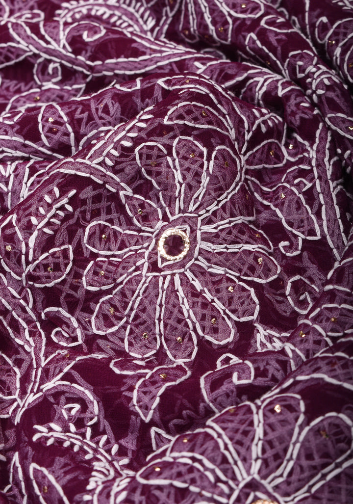 Authentic Hand-Embroidered Full Jaal Chikankari Georgette Saree with Mukeish embellishments in Regal Purple