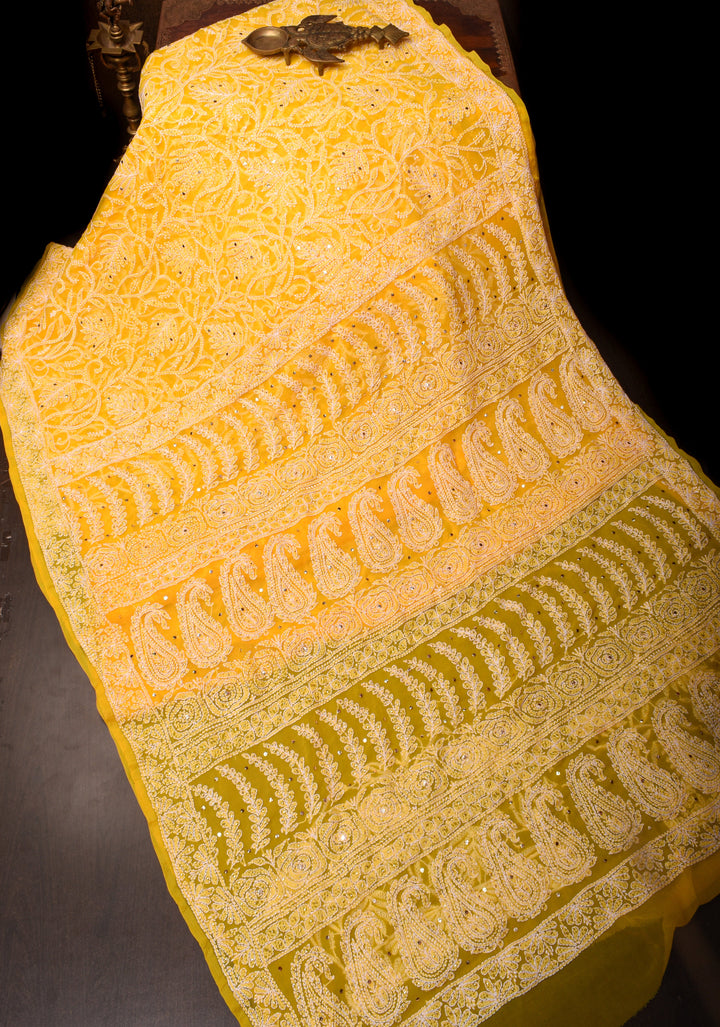 Vibrant Yellow Hand-Embroidered Full Jaal Chikankari Georgette Saree with Mukesh Work