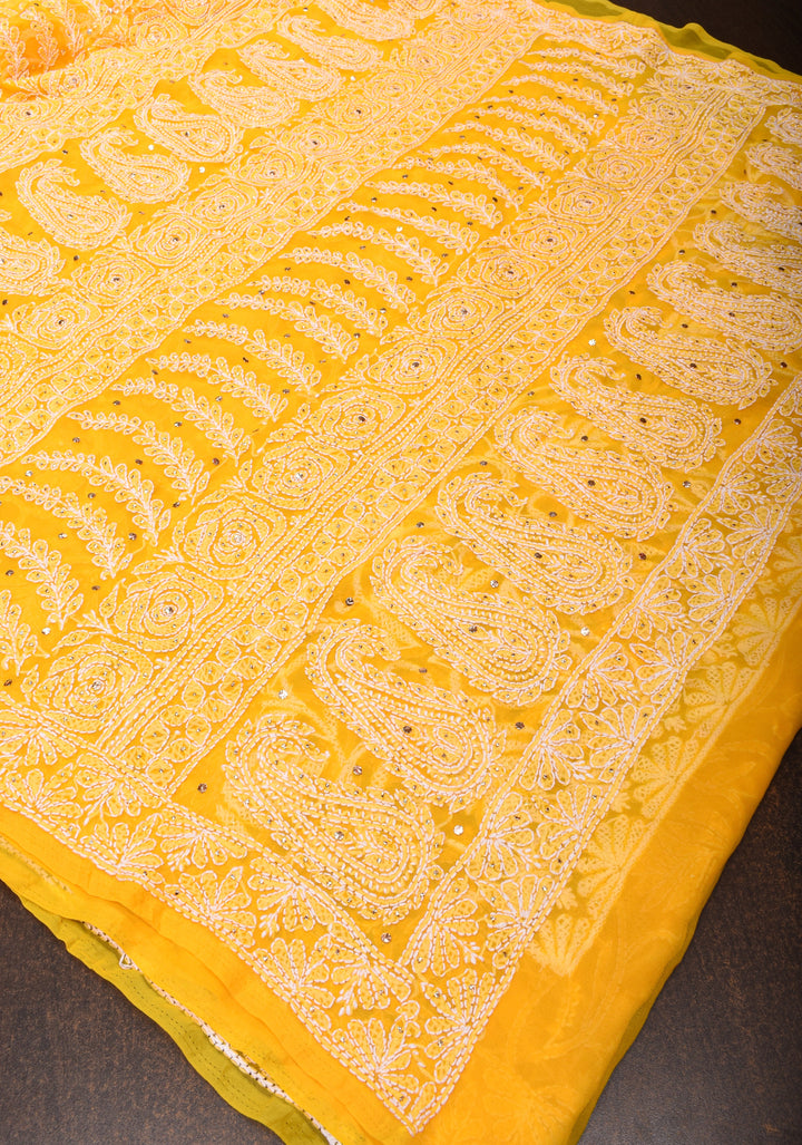 Vibrant Yellow Hand-Embroidered Full Jaal Chikankari Georgette Saree with Mukesh Work