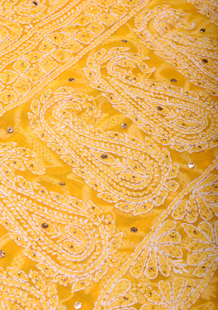 Vibrant Yellow Hand-Embroidered Full Jaal Chikankari Georgette Saree with Mukesh Work