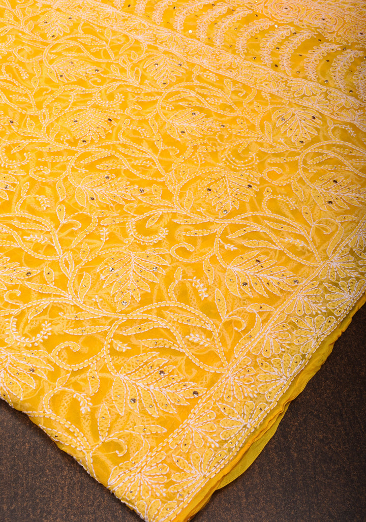 Vibrant Yellow Hand-Embroidered Full Jaal Chikankari Georgette Saree with Mukesh Work
