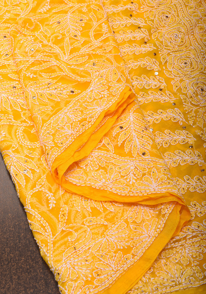 Vibrant Yellow Hand-Embroidered Full Jaal Chikankari Georgette Saree with Mukesh Work