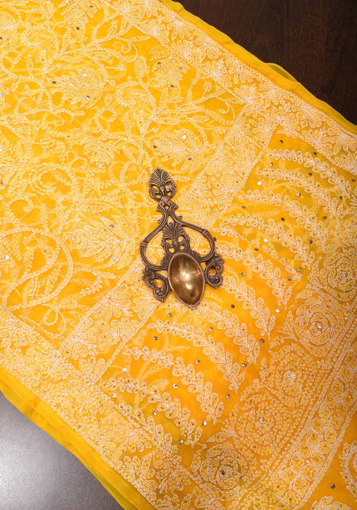 Vibrant Yellow Hand-Embroidered Full Jaal Chikankari Georgette Saree with Mukesh Work