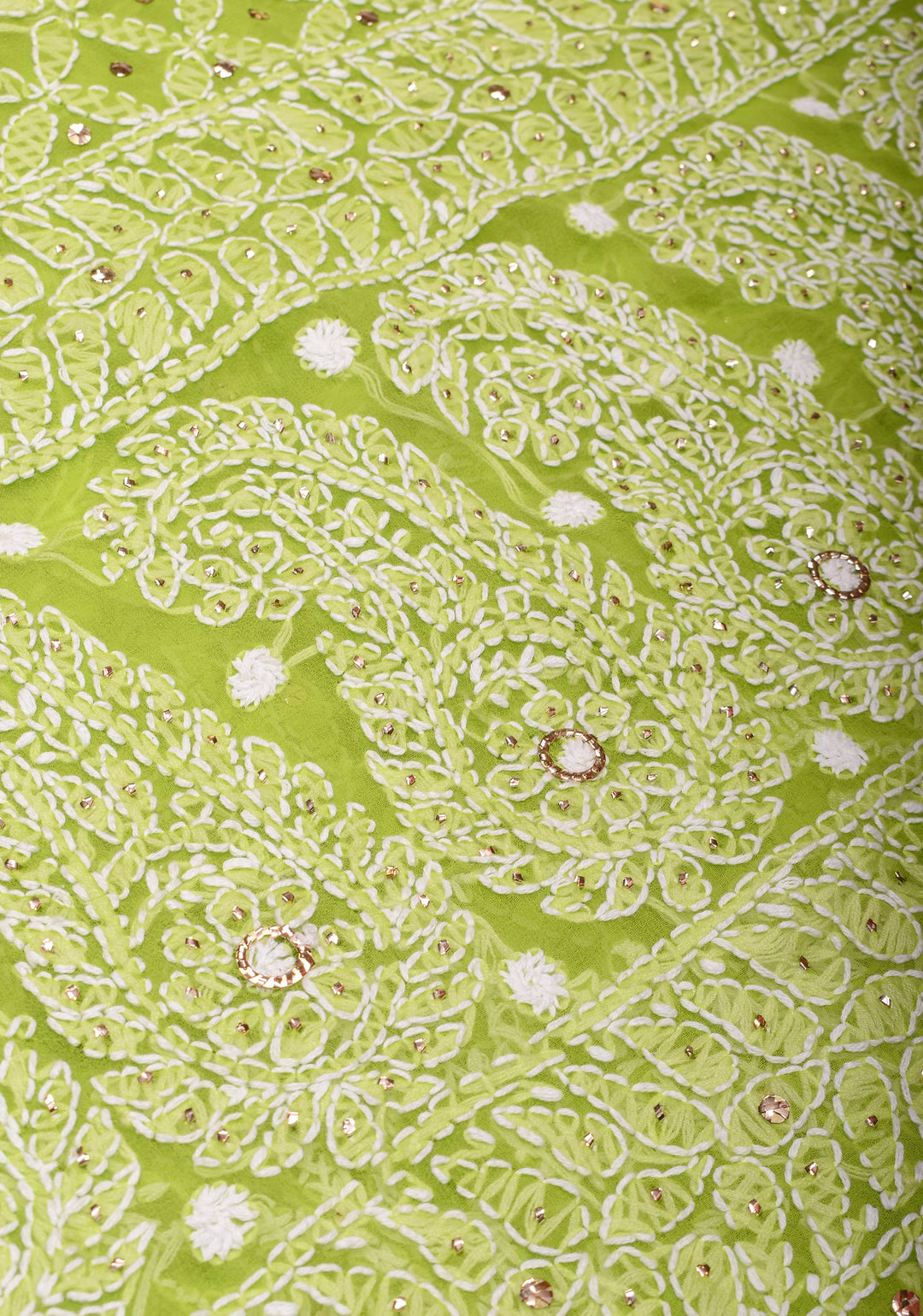 Lime Green Authentic Hand-Embroidered Full Jaal Chikankari Georgette Saree with Gotta Work