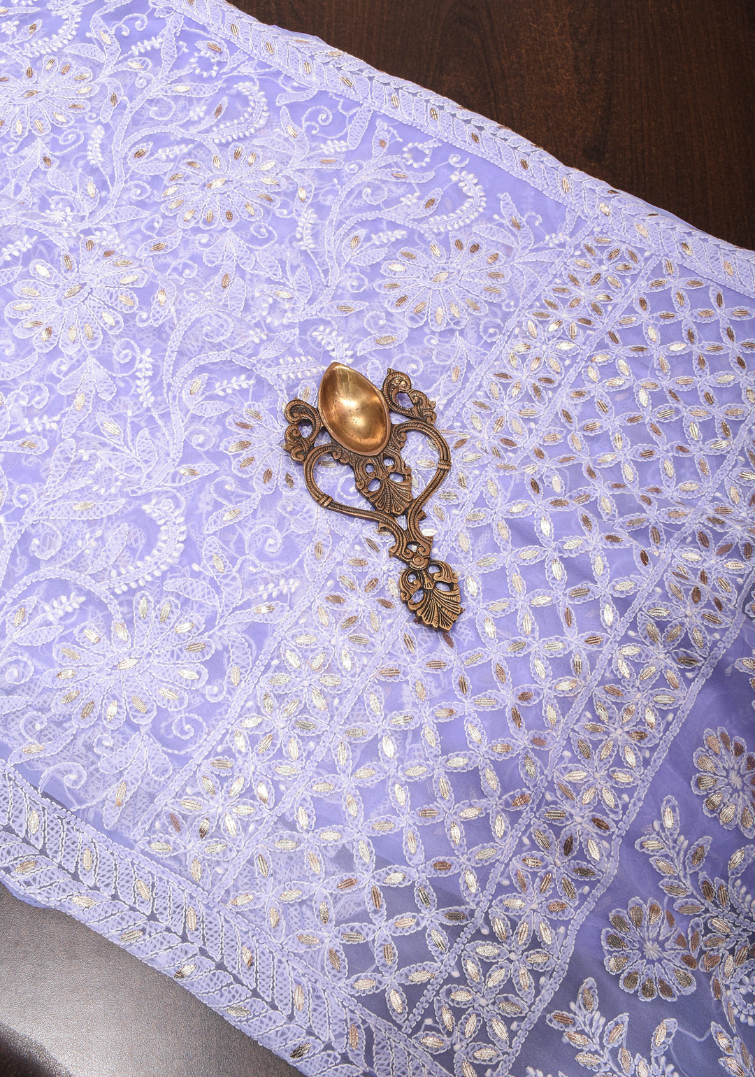 Elegant Lavender Authentic Hand-Embroidered Full Jaal Chikankari Georgette Saree with Gotta Work