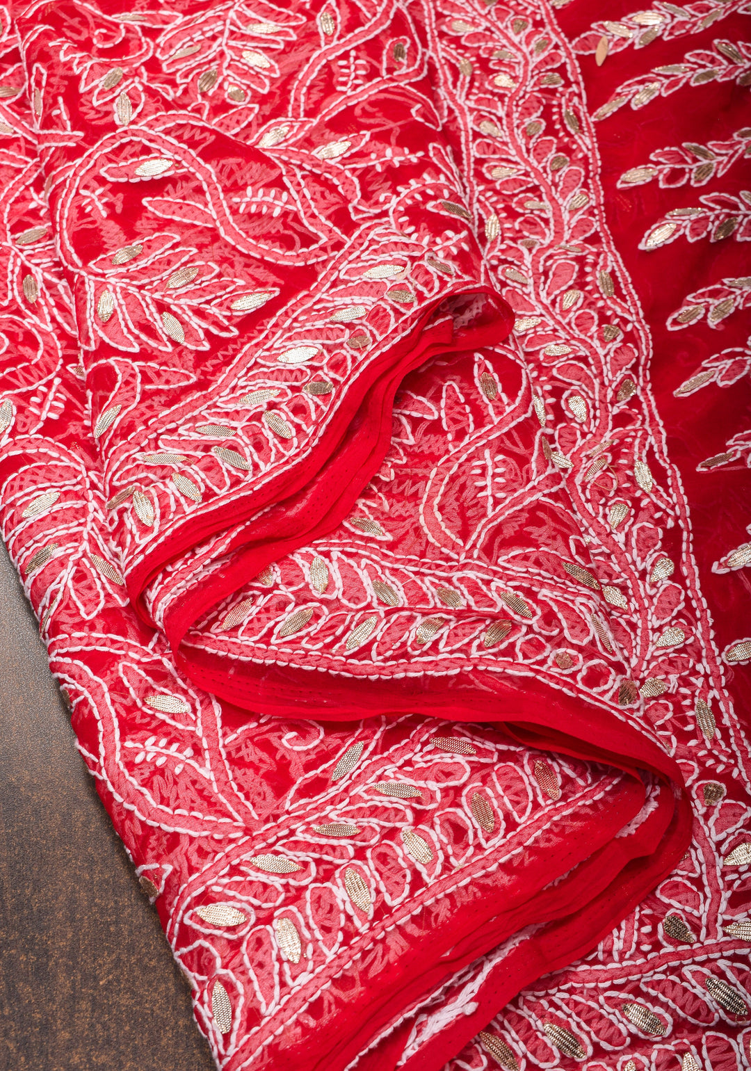 Authentic Red Hand-Embroidered Full Jaal Chikankari Georgette Saree with Gotta Work