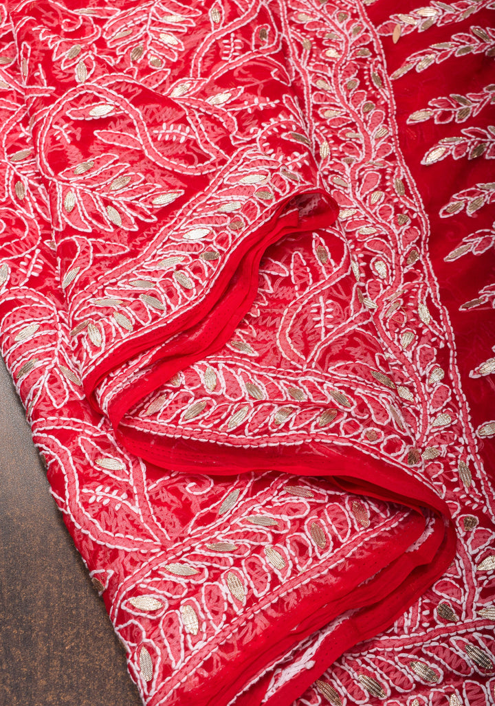 Authentic Red Hand-Embroidered Full Jaal Chikankari Georgette Saree with Gotta Work