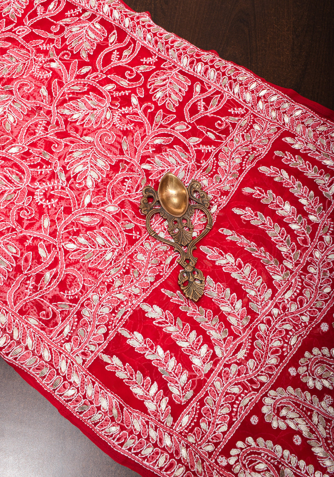 Authentic Red Hand-Embroidered Full Jaal Chikankari Georgette Saree with Gotta Work