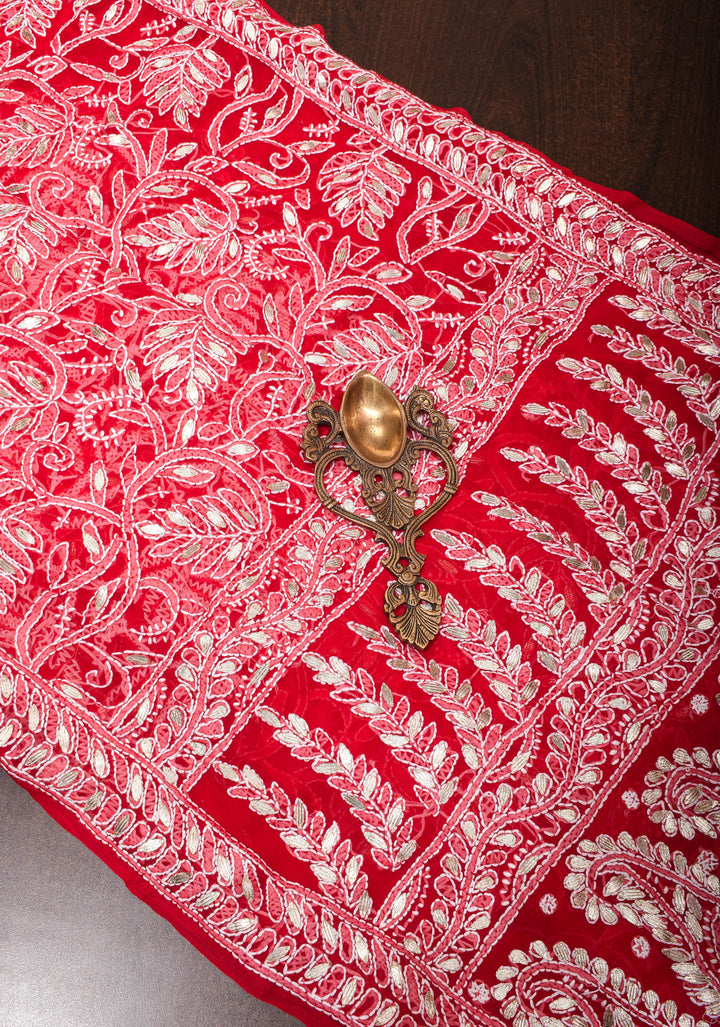 Authentic Red Hand-Embroidered Full Jaal Chikankari Georgette Saree with Gotta Work