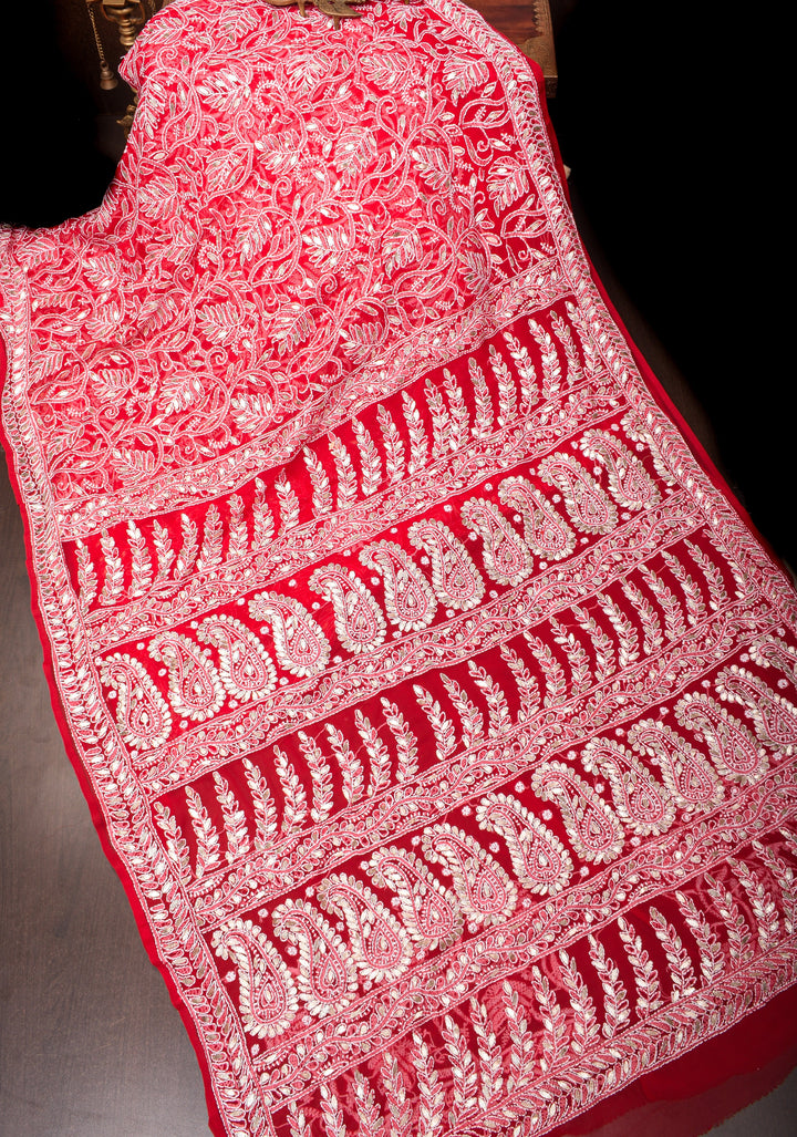 Authentic Red Hand-Embroidered Full Jaal Chikankari Georgette Saree with Gotta Work