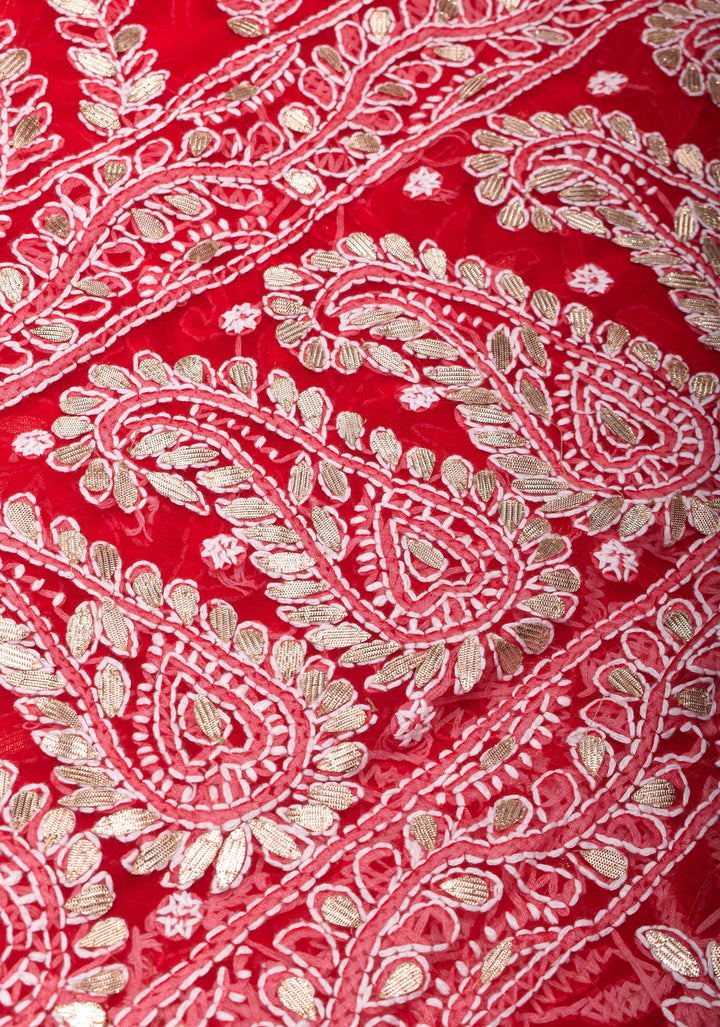 Authentic Red Hand-Embroidered Full Jaal Chikankari Georgette Saree with Gotta Work