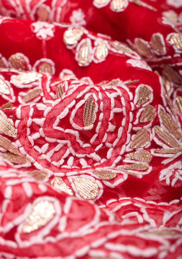 Authentic Red Hand-Embroidered Full Jaal Chikankari Georgette Saree with Gotta Work