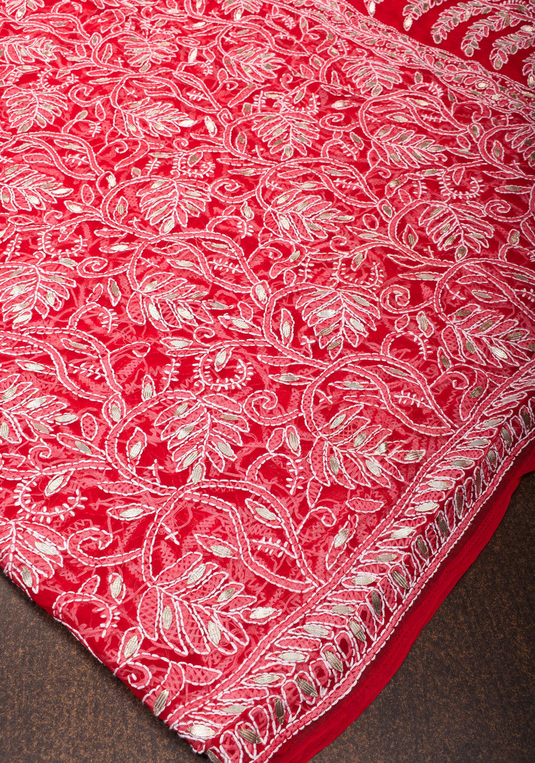 Authentic Red Hand-Embroidered Full Jaal Chikankari Georgette Saree with Gotta Work