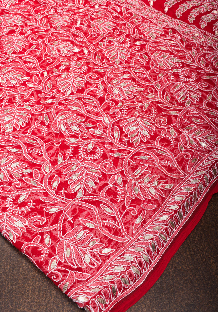 Authentic Red Hand-Embroidered Full Jaal Chikankari Georgette Saree with Gotta Work