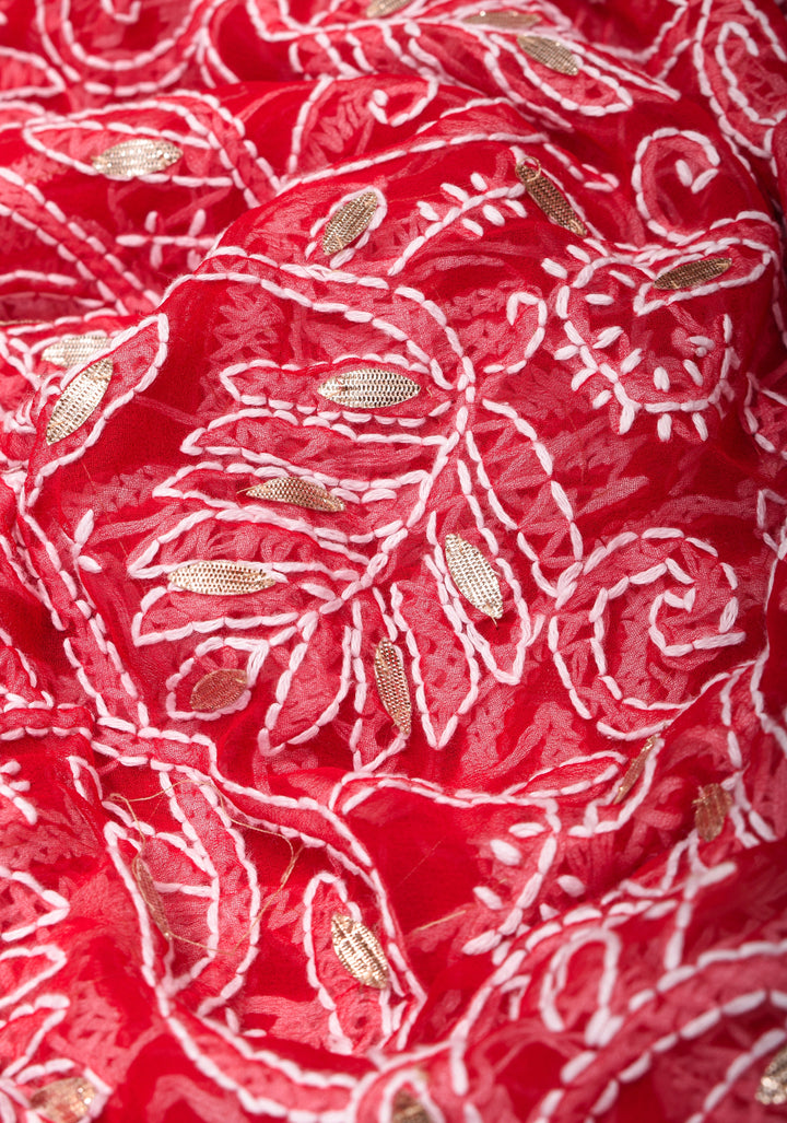 Authentic Red Hand-Embroidered Full Jaal Chikankari Georgette Saree with Gotta Work
