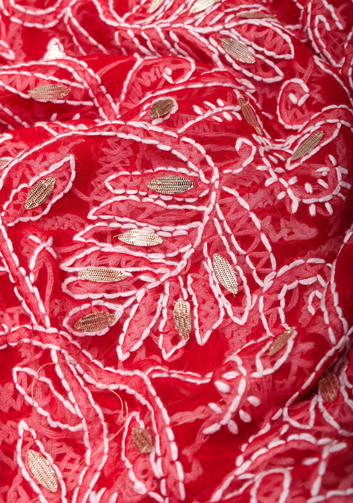 Authentic Red Hand-Embroidered Full Jaal Chikankari Georgette Saree with Gotta Work