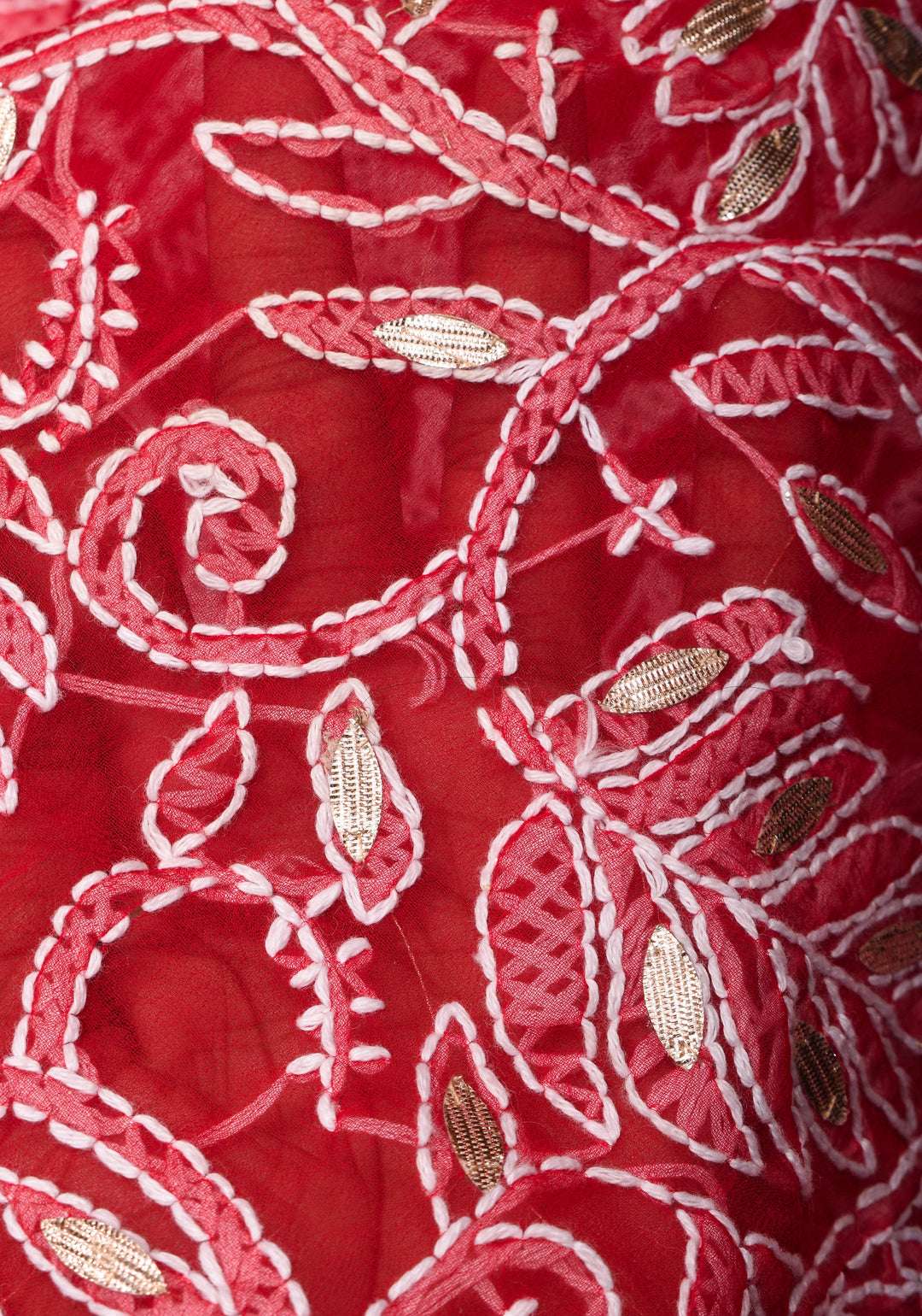 Authentic Red Hand-Embroidered Full Jaal Chikankari Georgette Saree with Gotta Work