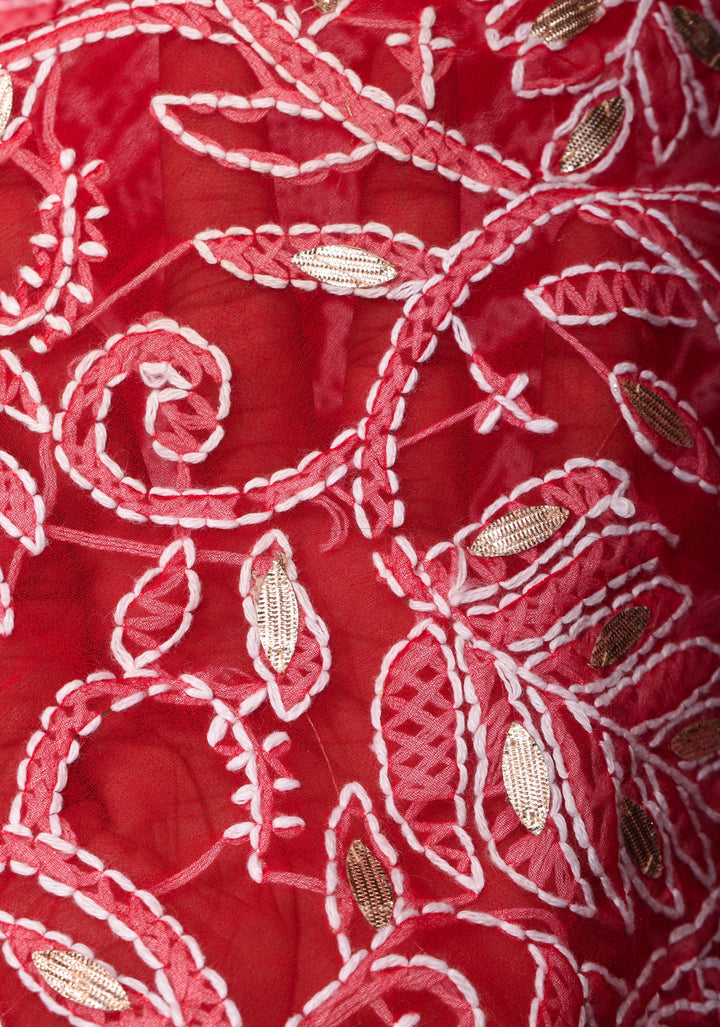 Authentic Red Hand-Embroidered Full Jaal Chikankari Georgette Saree with Gotta Work
