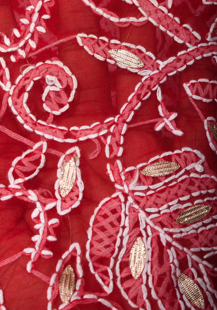 Authentic Red Hand-Embroidered Full Jaal Chikankari Georgette Saree with Gotta Work