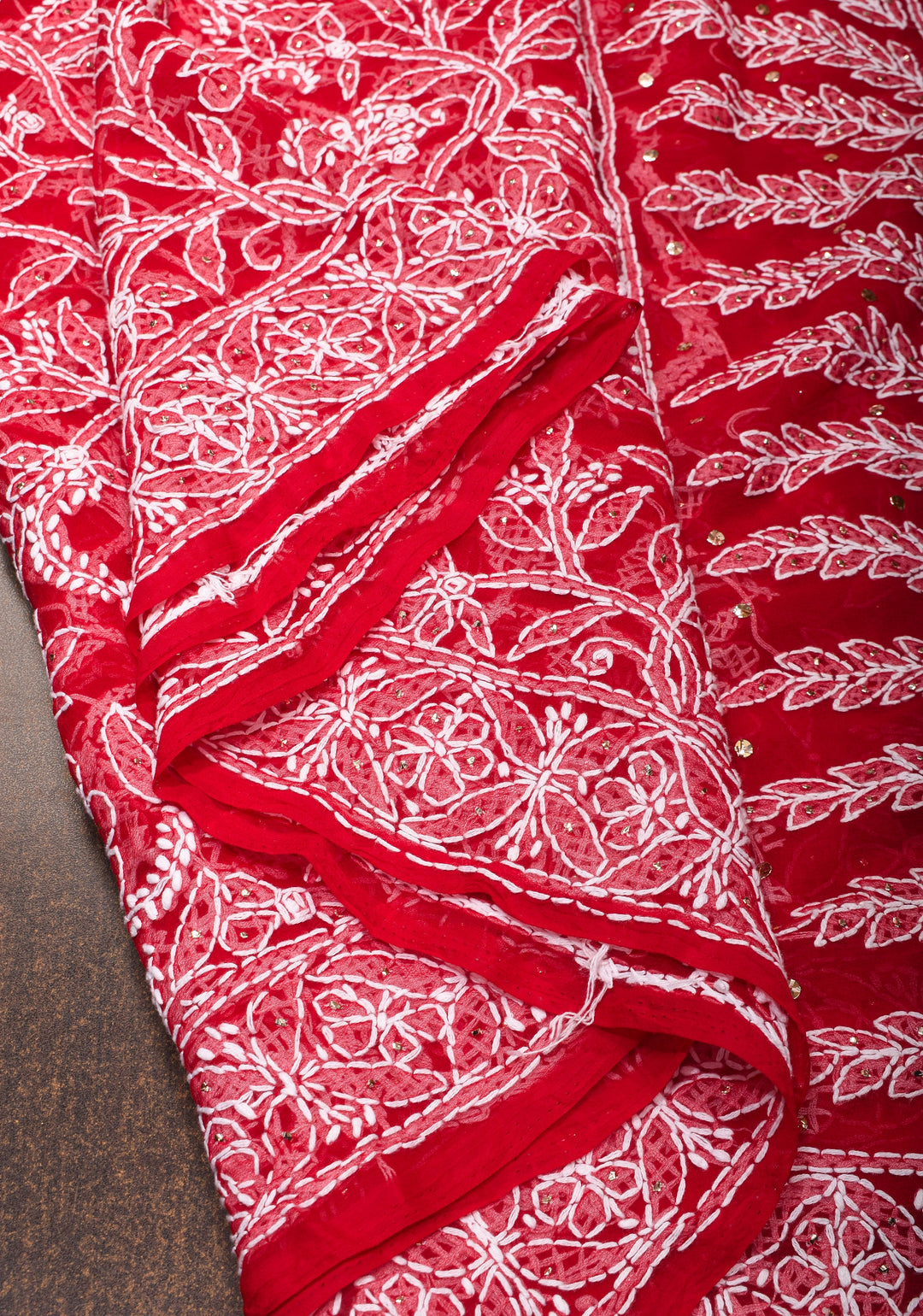 Vibrant Red Authentic Hand-Embroidered Full Jaal Chikankari Georgette Saree with Mukeish Work