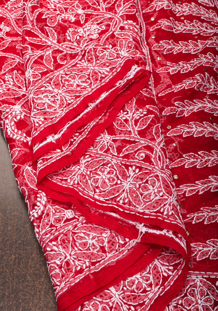 Vibrant Red Authentic Hand-Embroidered Full Jaal Chikankari Georgette Saree with Mukeish Work