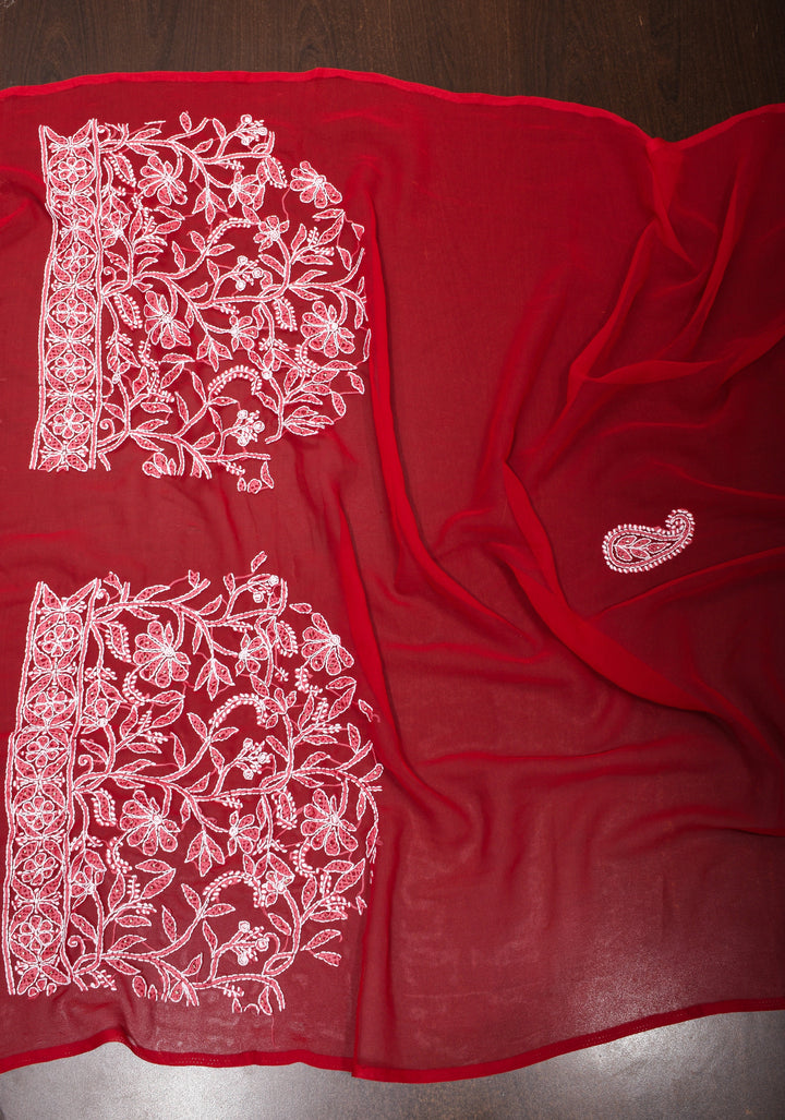 Vibrant Red Authentic Hand-Embroidered Full Jaal Chikankari Georgette Saree with Mukeish Work