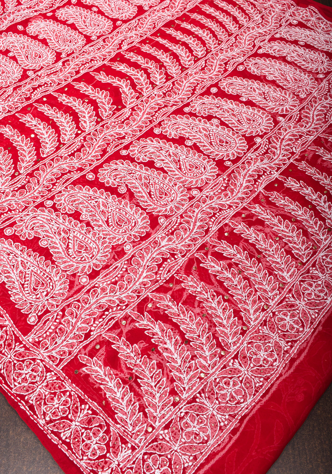 Vibrant Red Authentic Hand-Embroidered Full Jaal Chikankari Georgette Saree with Mukeish Work