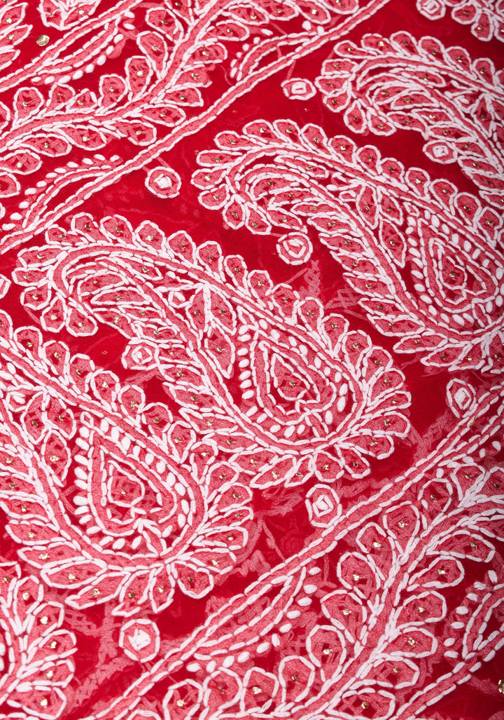 Vibrant Red Authentic Hand-Embroidered Full Jaal Chikankari Georgette Saree with Mukeish Work