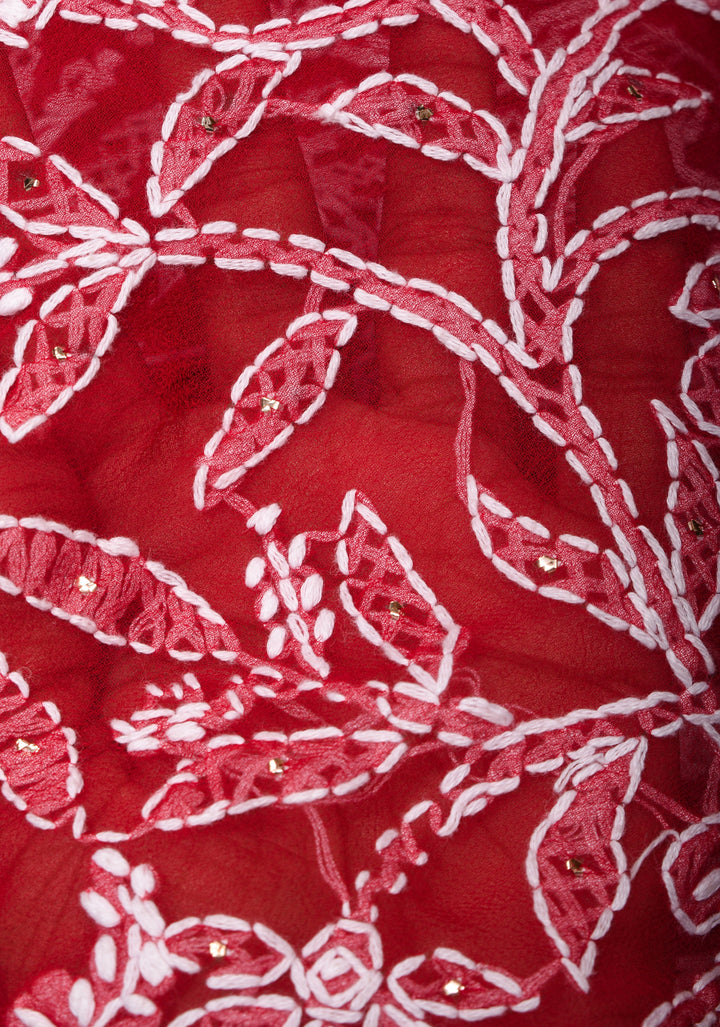 Vibrant Red Authentic Hand-Embroidered Full Jaal Chikankari Georgette Saree with Mukeish Work