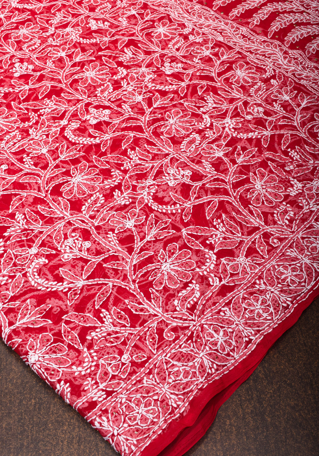 Vibrant Red Authentic Hand-Embroidered Full Jaal Chikankari Georgette Saree with Mukeish Work