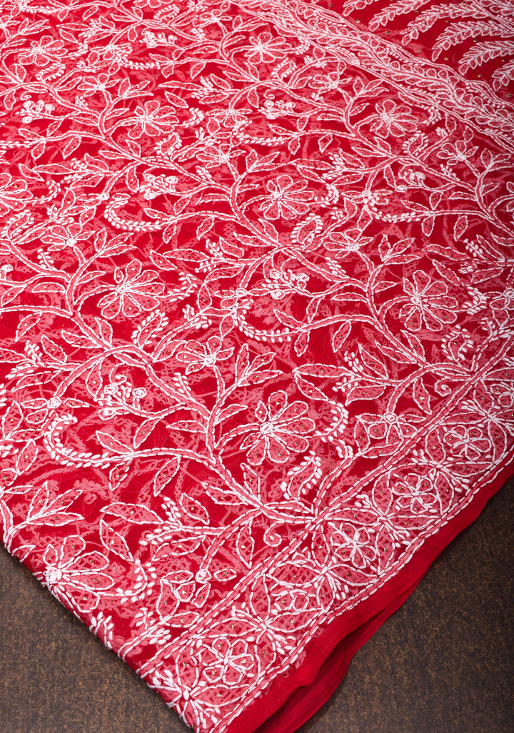 Vibrant Red Authentic Hand-Embroidered Full Jaal Chikankari Georgette Saree with Mukeish Work