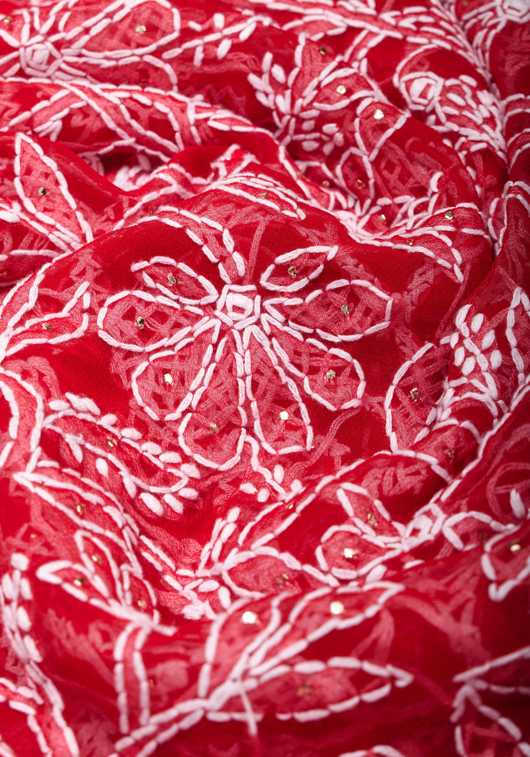 Vibrant Red Authentic Hand-Embroidered Full Jaal Chikankari Georgette Saree with Mukeish Work