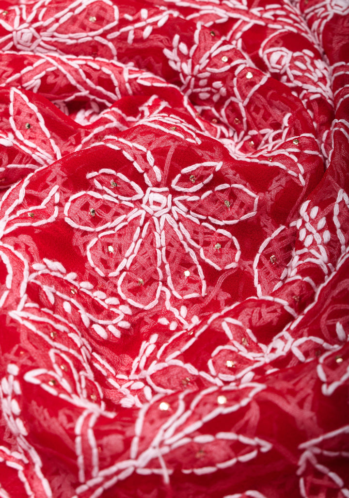 Vibrant Red Authentic Hand-Embroidered Full Jaal Chikankari Georgette Saree with Mukeish Work