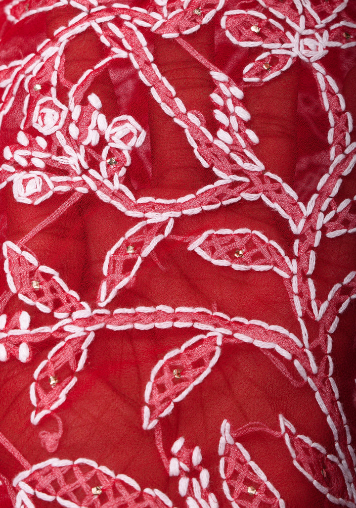 Vibrant Red Authentic Hand-Embroidered Full Jaal Chikankari Georgette Saree with Mukeish Work