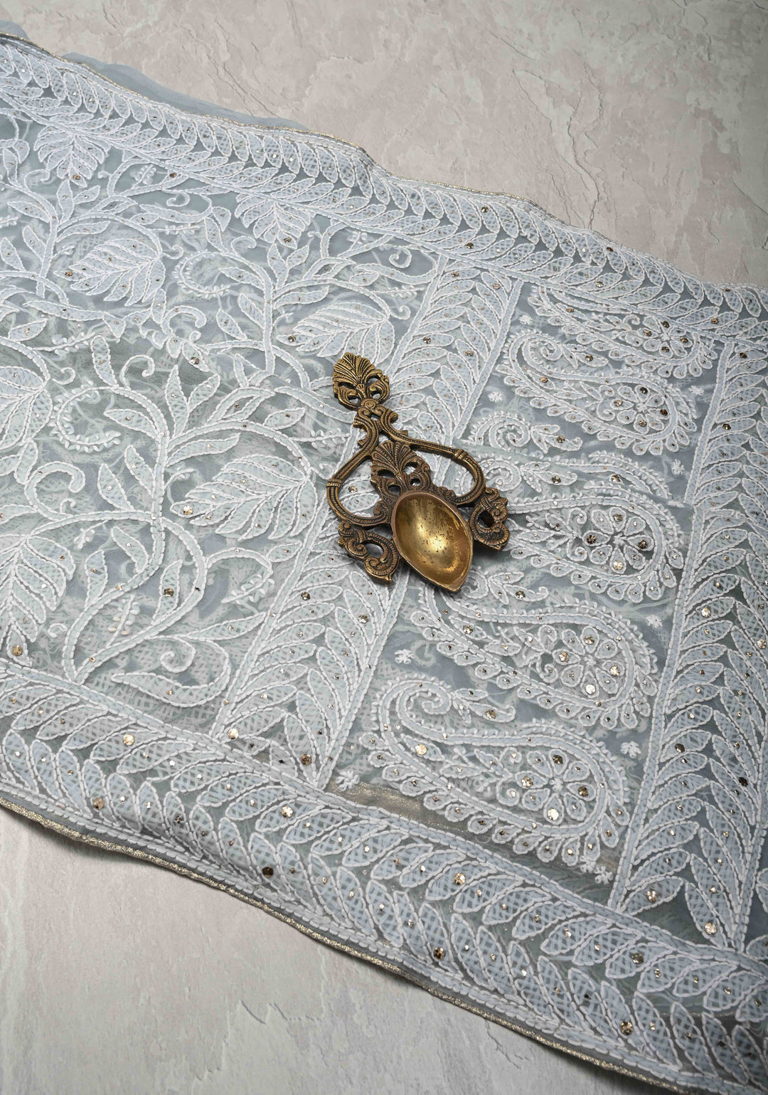 Pre-Order Gray Authentic Hand-Embroidered Full Jaal Chikankari Georgette Saree with Mukeish work