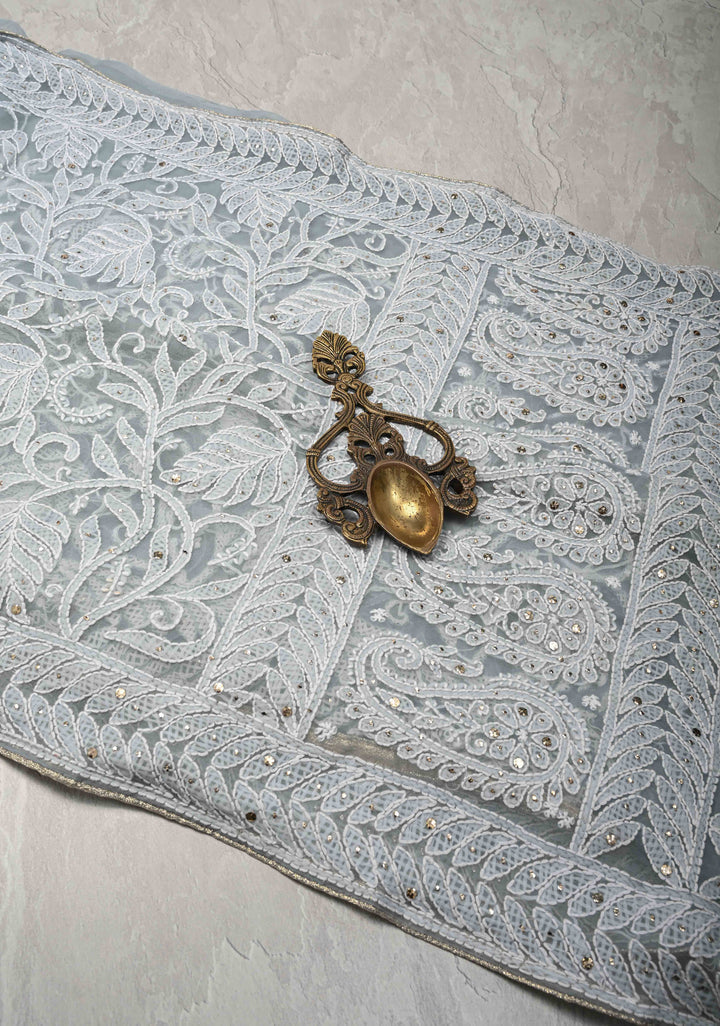 Pre-Order Gray Authentic Hand-Embroidered Full Jaal Chikankari Georgette Saree with Mukeish work