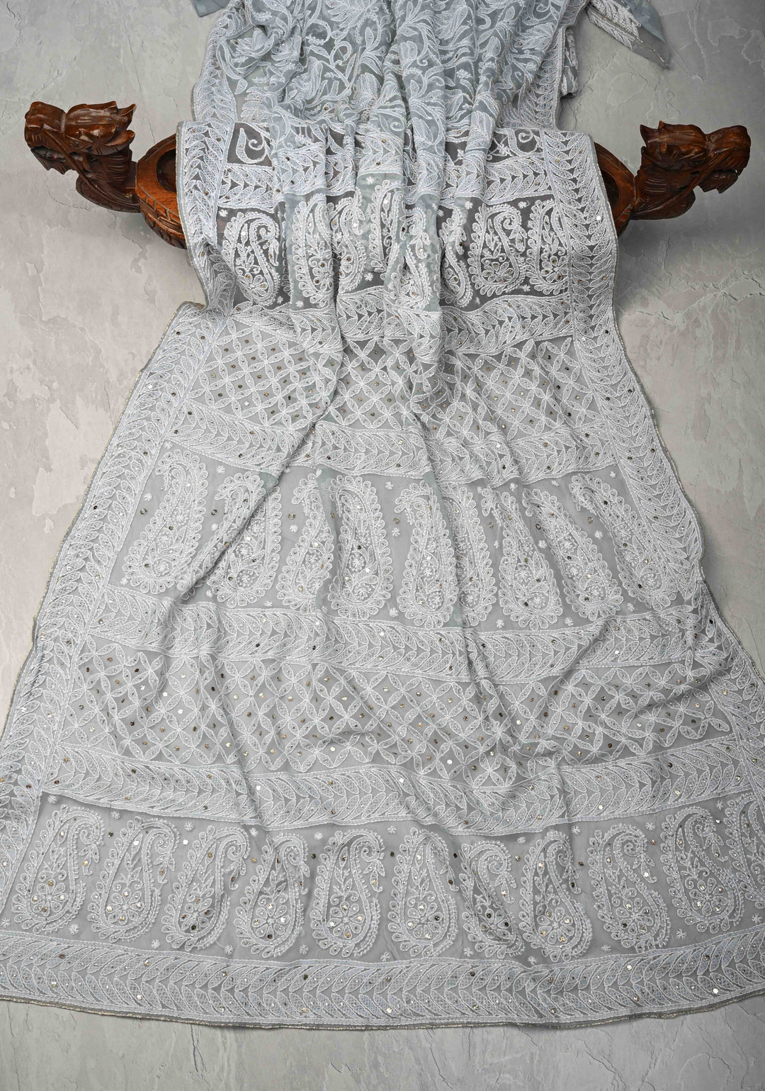 Pre-Order Gray Authentic Hand-Embroidered Full Jaal Chikankari Georgette Saree with Mukeish work