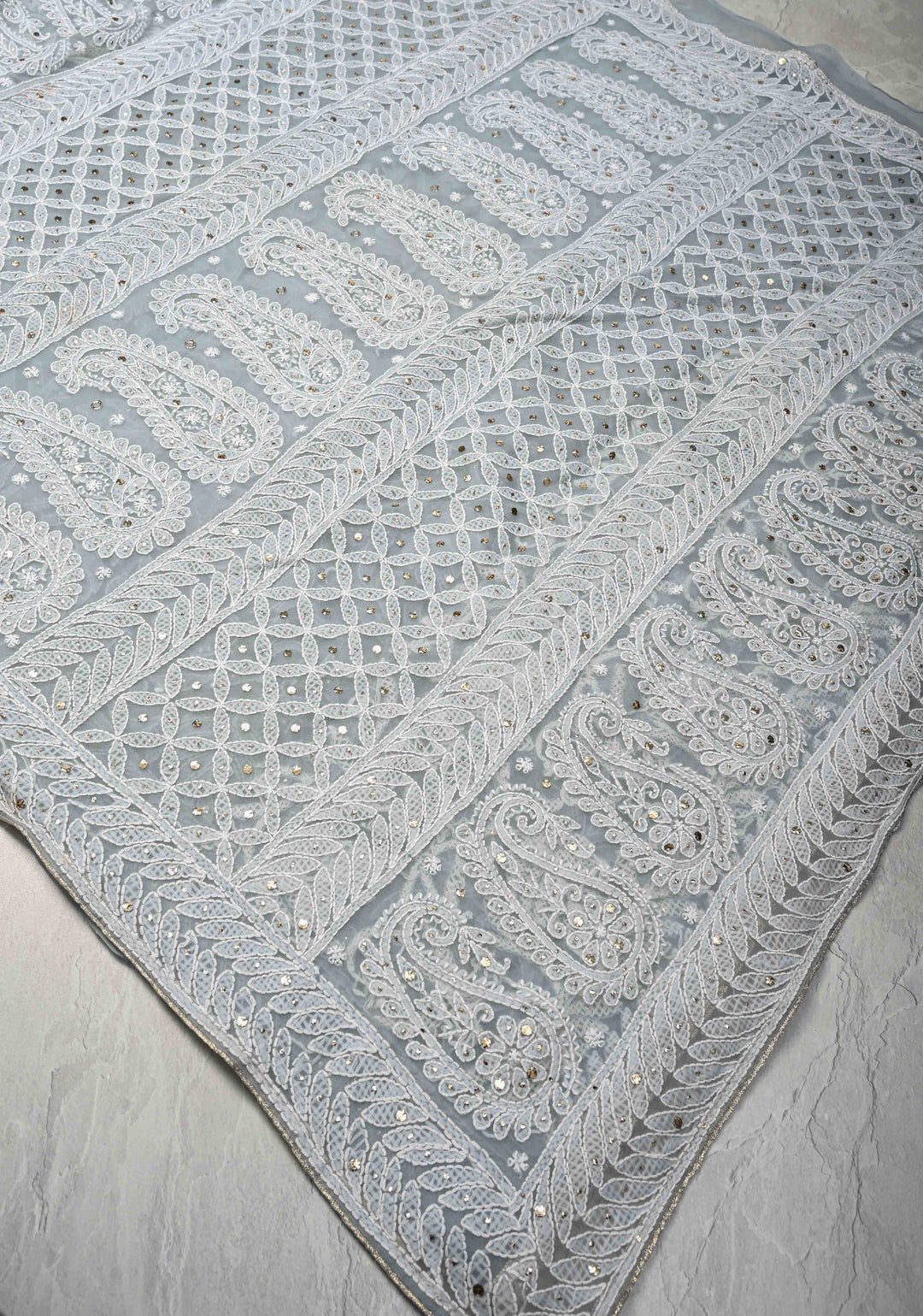 Pre-Order Gray Authentic Hand-Embroidered Full Jaal Chikankari Georgette Saree with Mukeish work