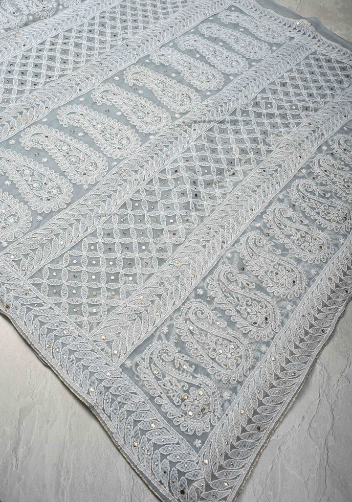 Pre-Order Gray Authentic Hand-Embroidered Full Jaal Chikankari Georgette Saree with Mukeish work