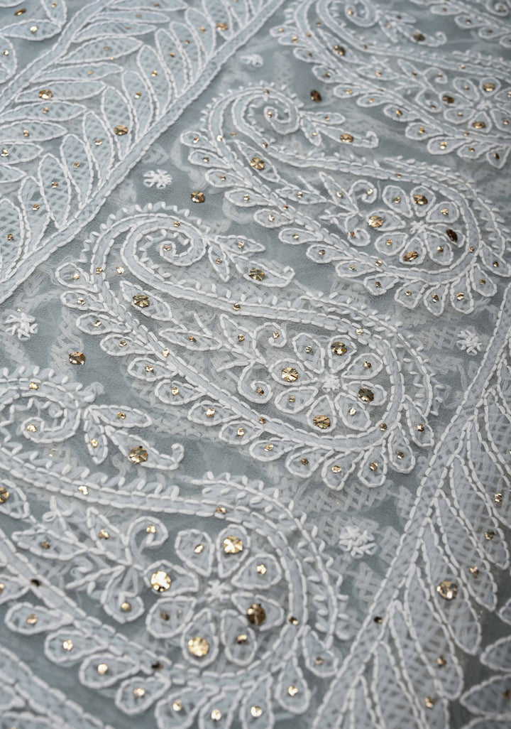 Pre-Order Gray Authentic Hand-Embroidered Full Jaal Chikankari Georgette Saree with Mukeish work