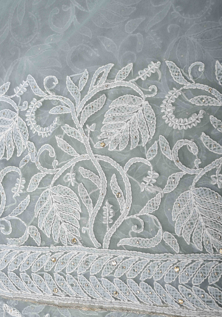 Pre-Order Gray Authentic Hand-Embroidered Full Jaal Chikankari Georgette Saree with Mukeish work