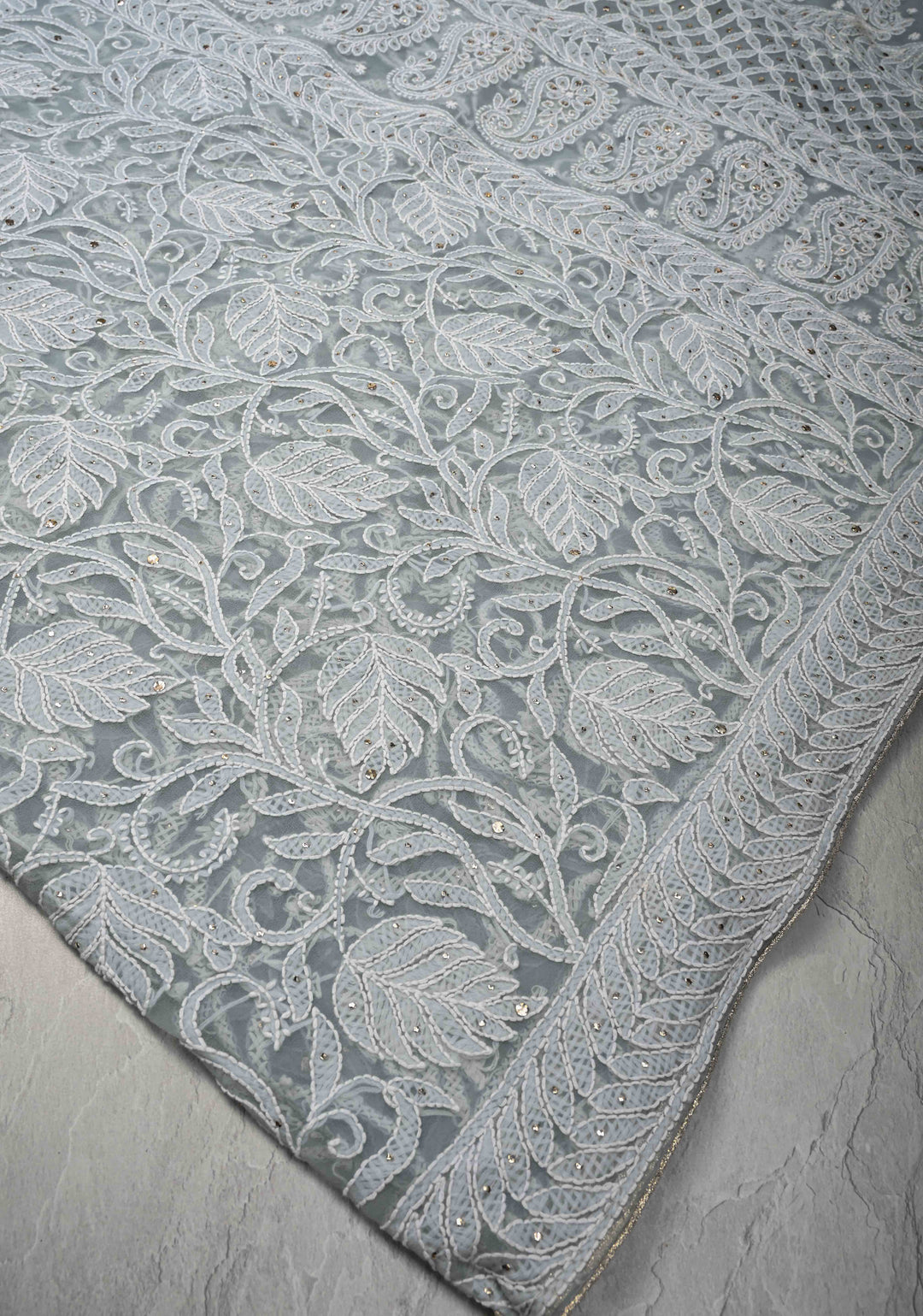 Pre-Order Gray Authentic Hand-Embroidered Full Jaal Chikankari Georgette Saree with Mukeish work