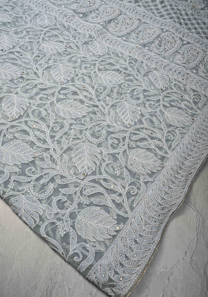Pre-Order Gray Authentic Hand-Embroidered Full Jaal Chikankari Georgette Saree with Mukeish work