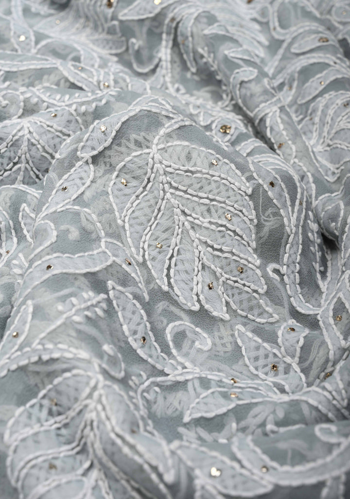 Pre-Order Gray Authentic Hand-Embroidered Full Jaal Chikankari Georgette Saree with Mukeish work