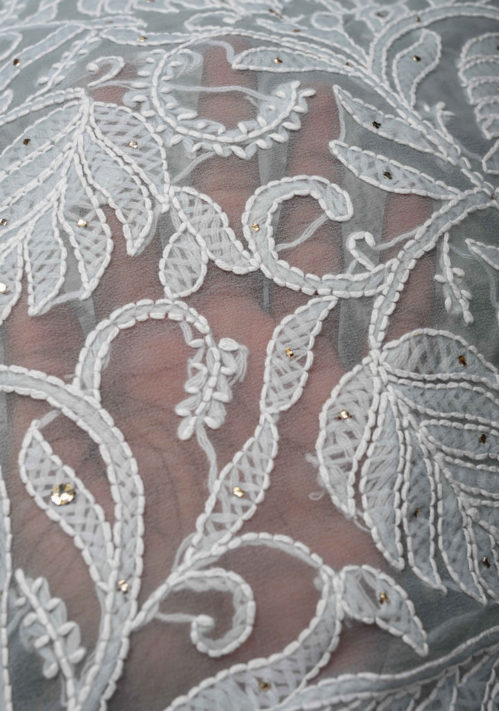 Pre-Order Gray Authentic Hand-Embroidered Full Jaal Chikankari Georgette Saree with Mukeish work