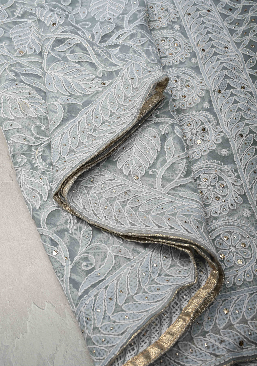 Pre-Order Gray Authentic Hand-Embroidered Full Jaal Chikankari Georgette Saree with Mukeish work