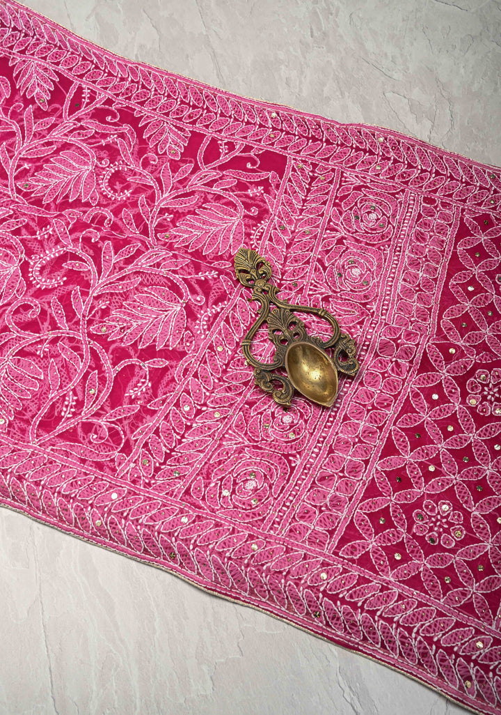 Raspberry pink Authentic Hand-Embroidered Full Jaal Chikankari Georgette Saree with Mukeish work