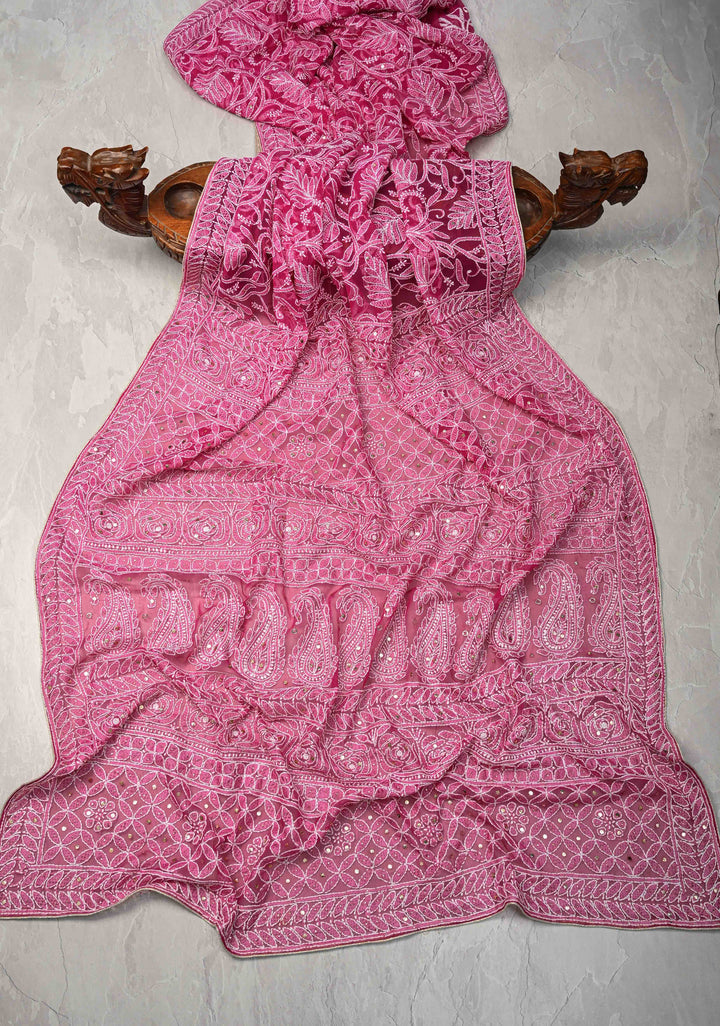 Raspberry pink Authentic Hand-Embroidered Full Jaal Chikankari Georgette Saree with Mukeish work