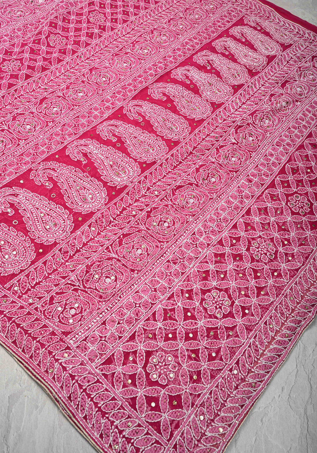 Raspberry pink Authentic Hand-Embroidered Full Jaal Chikankari Georgette Saree with Mukeish work