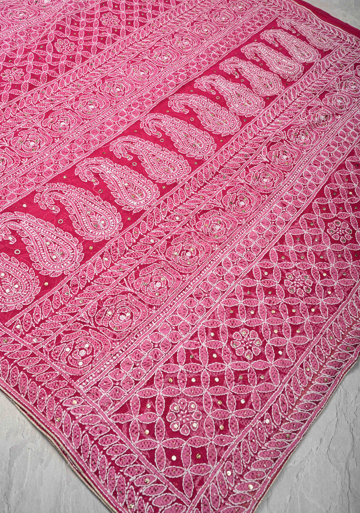 Raspberry pink Authentic Hand-Embroidered Full Jaal Chikankari Georgette Saree with Mukeish work